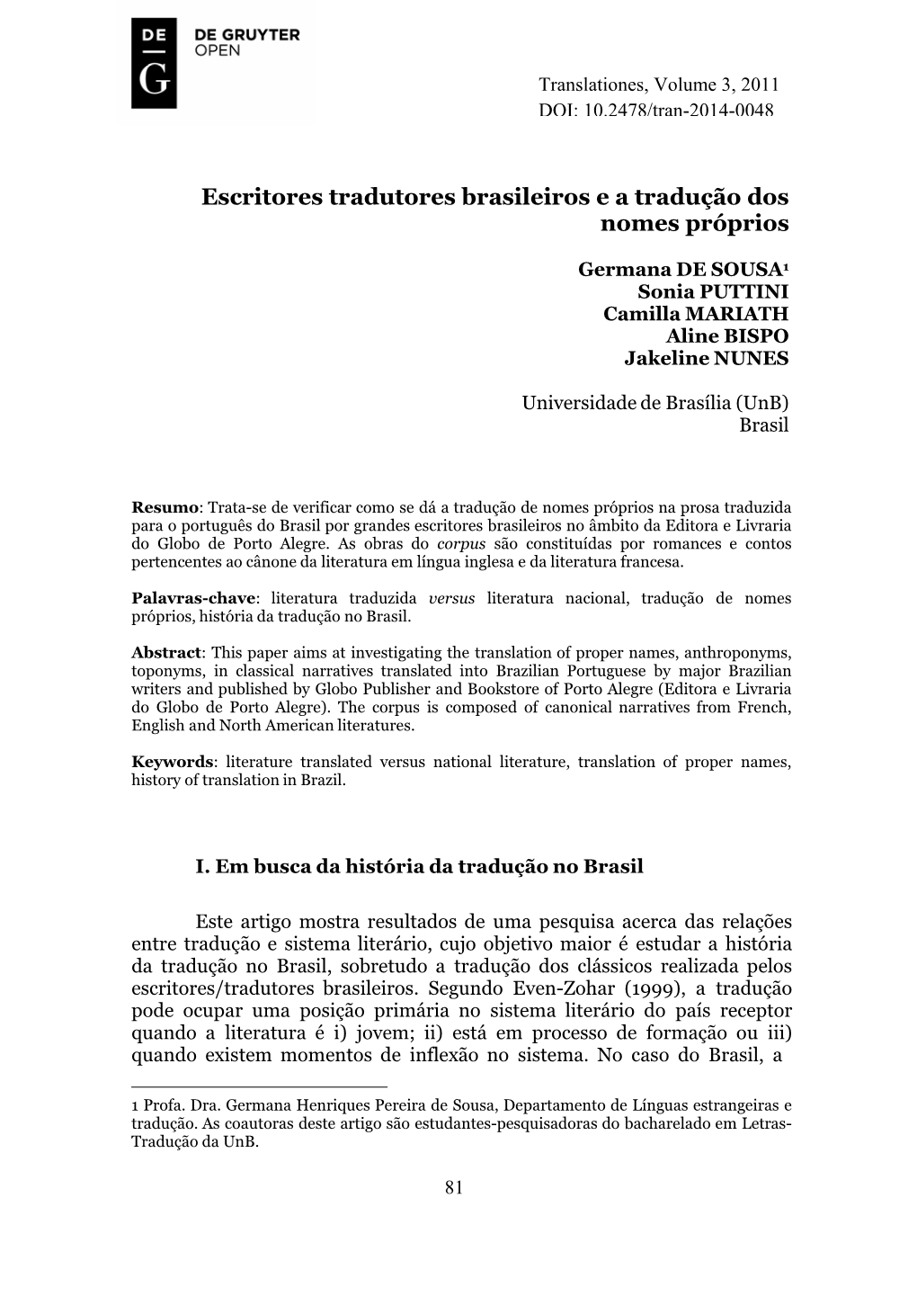 Escritores Tradutores Brasileiros E a Tradução Dos Nomes Próprios