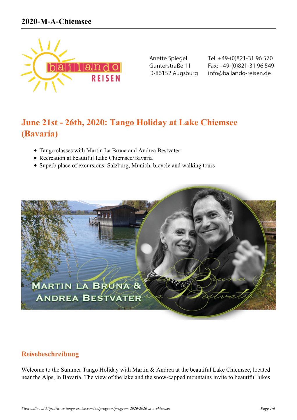 June 21St - 26Th, 2020: Tango Holiday at Lake Chiemsee (Bavaria)