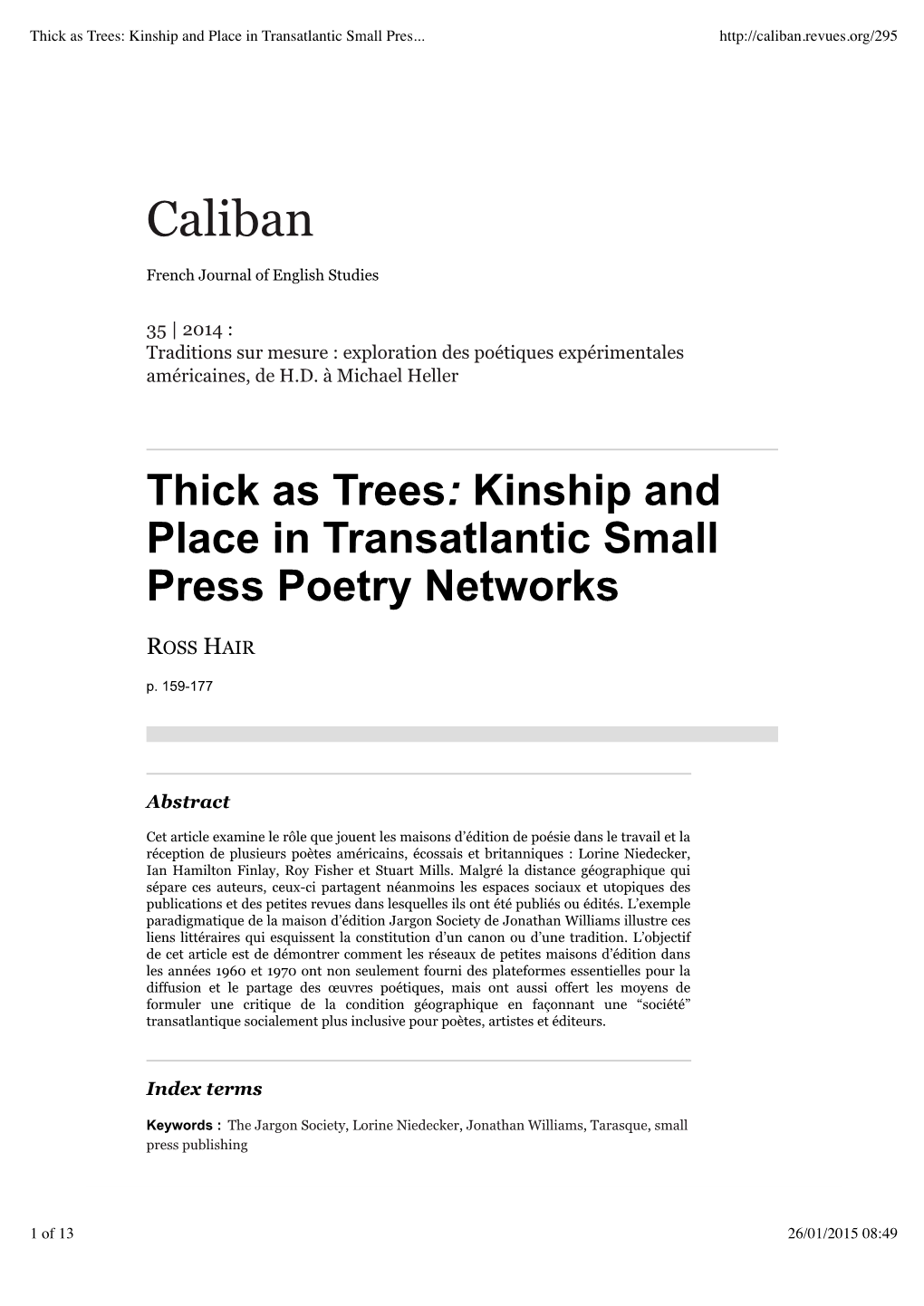 Thick As Trees: Kinship and Place in Transatlantic Small Press Poetry Networks