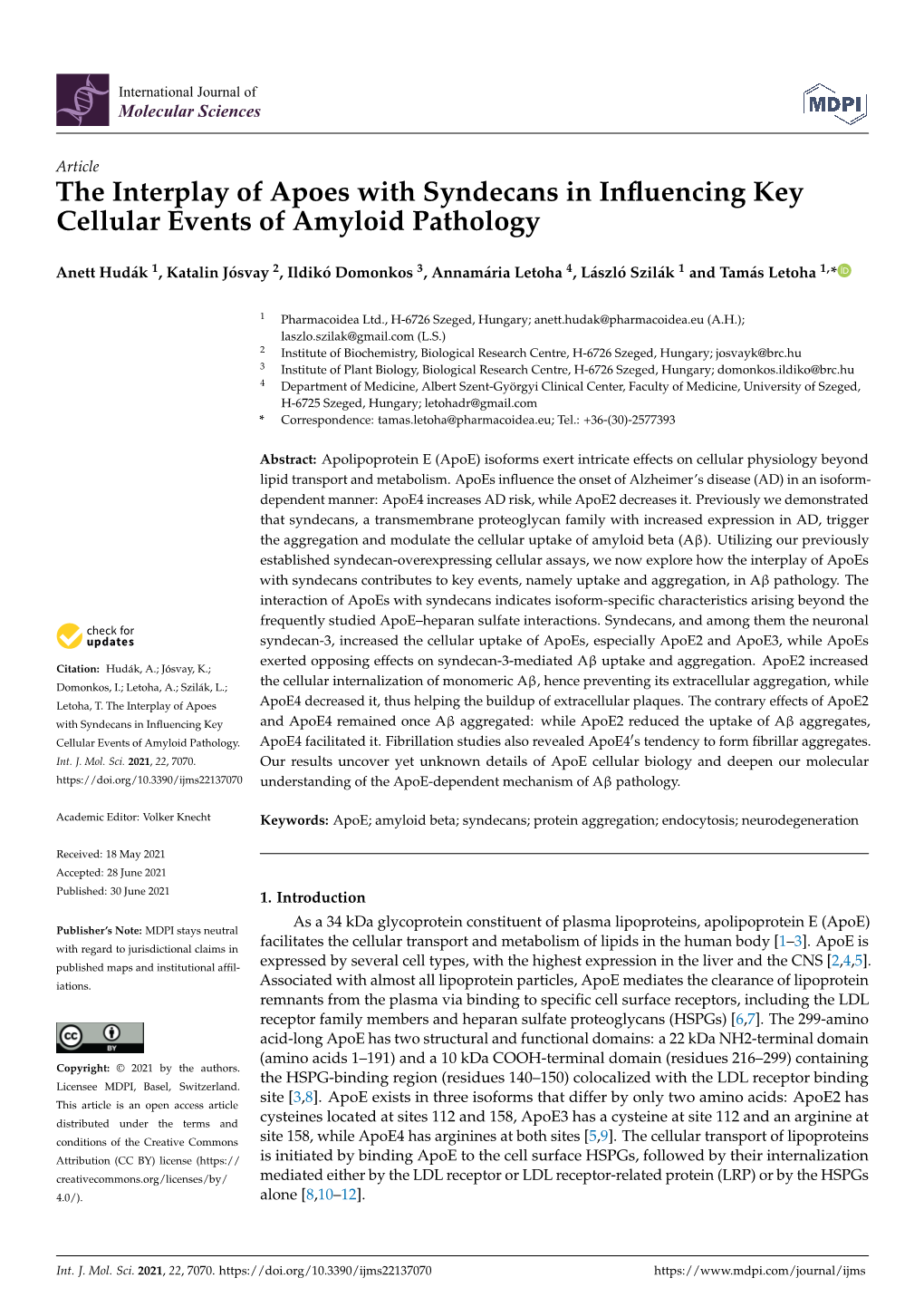 The Interplay of Apoes with Syndecans in Influencing Key