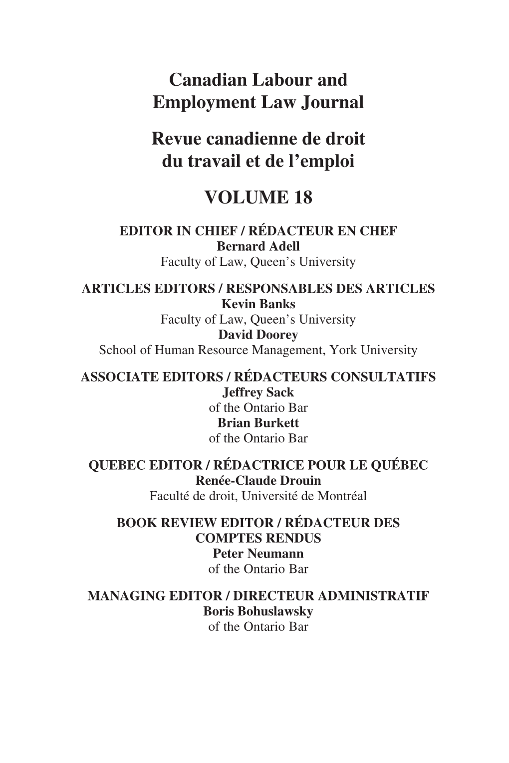 Canadian Labour and Employment Law Journal Revue Canadienne De Droit Du Travail Et De L'emploi VOLUME 18