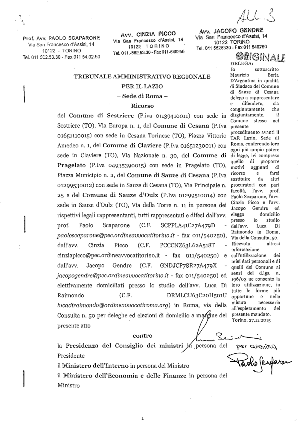 Ricorso N. 15635/2015 Proposto Al TAR Lazio Dal Comune Di Sestriere