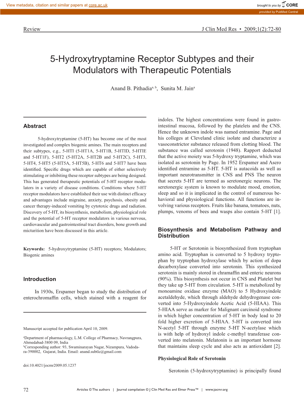 5-Hydroxytryptamine Receptor Subtypes and Their Modulators with Therapeutic Potentials