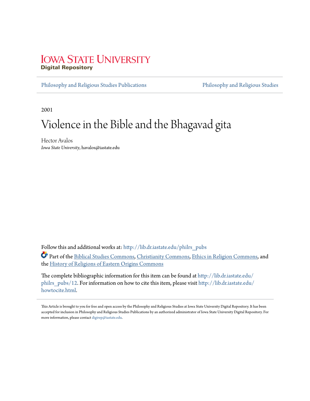 Violence in the Bible and the Bhagavad Gita Hector Avalos Iowa State University, Havalos@Iastate.Edu