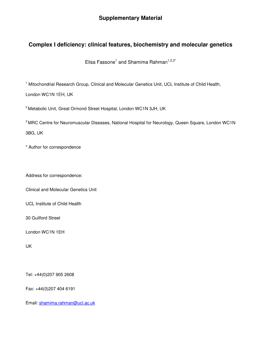 Supplementary Material Complex I Deficiency: Clinical Features