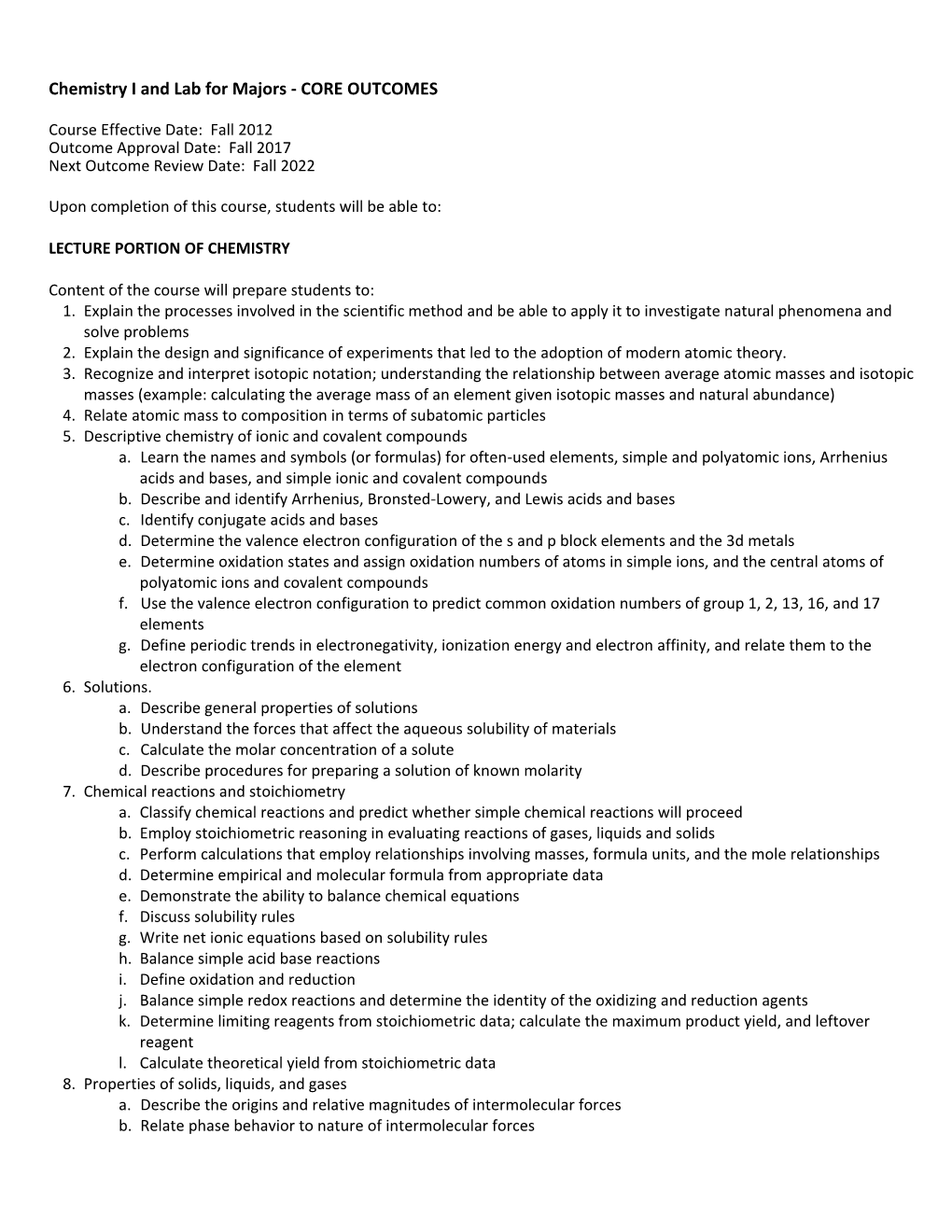 Chemistry I and Lab for Majors - CORE OUTCOMES