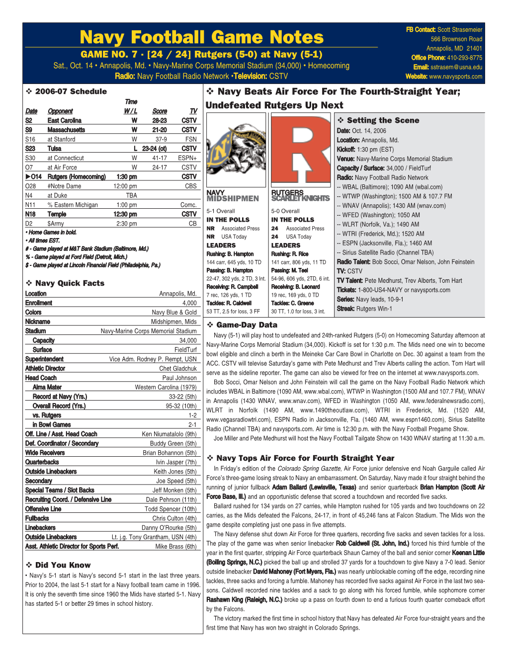 Navy Football Game Notes 566 Brownson Road Annapolis, MD 21401 GAME NO