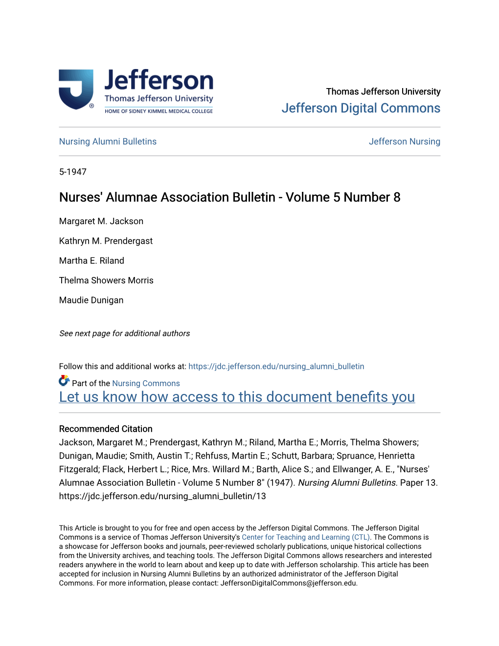 Nurses' Alumnae Association Bulletin - Volume 5 Number 8