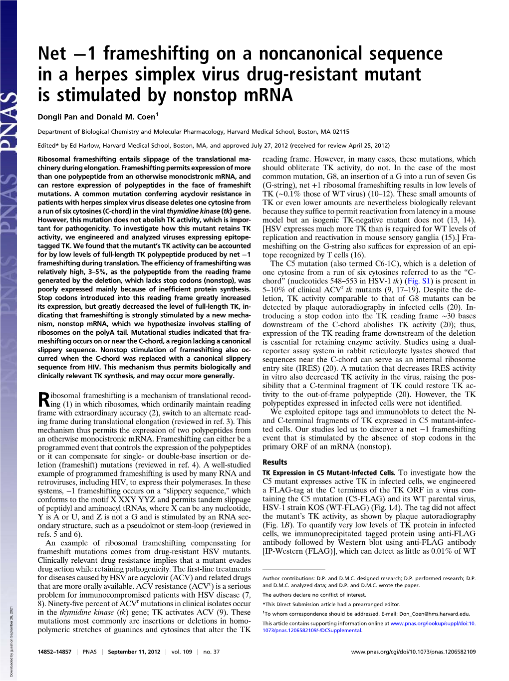 1 Frameshifting on a Noncanonical Sequence in a Herpes Simplex Virus Drug-Resistant Mutant Is Stimulated by Nonstop Mrna