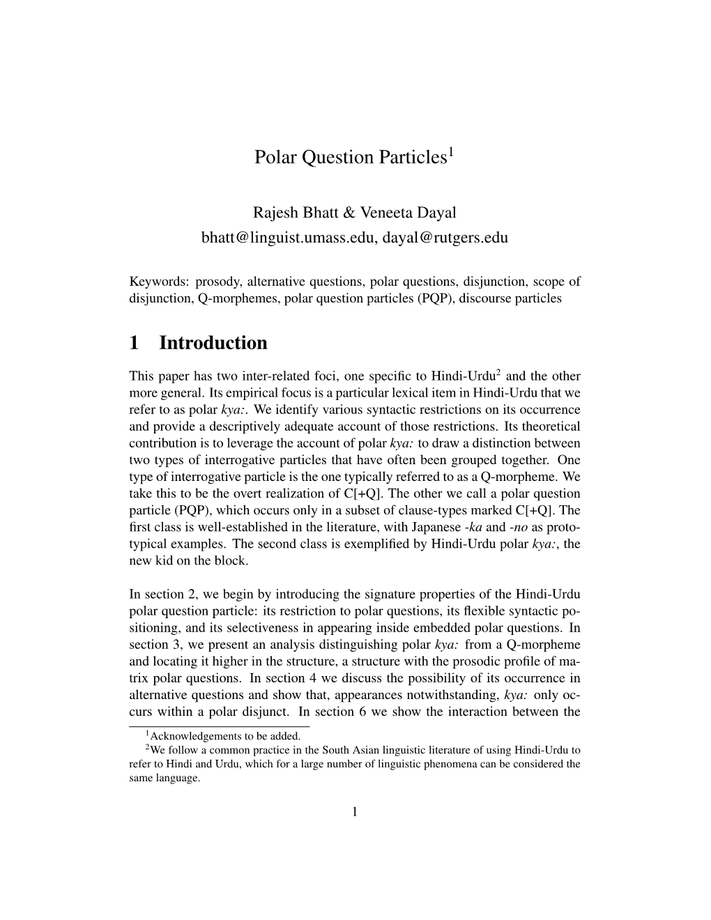 Polar Question Particles 1 Introduction