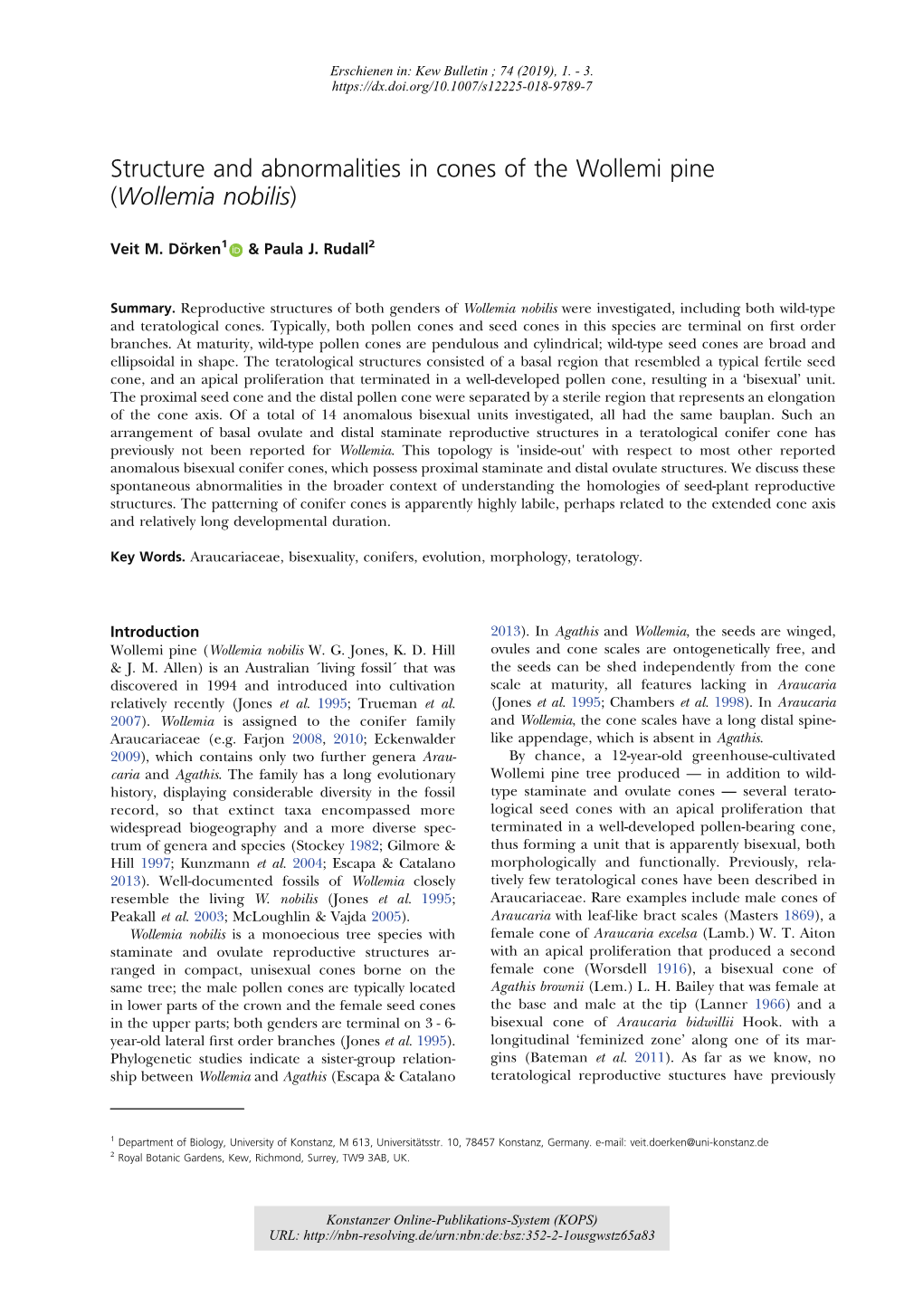 Structure and Abnormalities in Cones of the Wollemi Pine (Wollemia Nobilis)