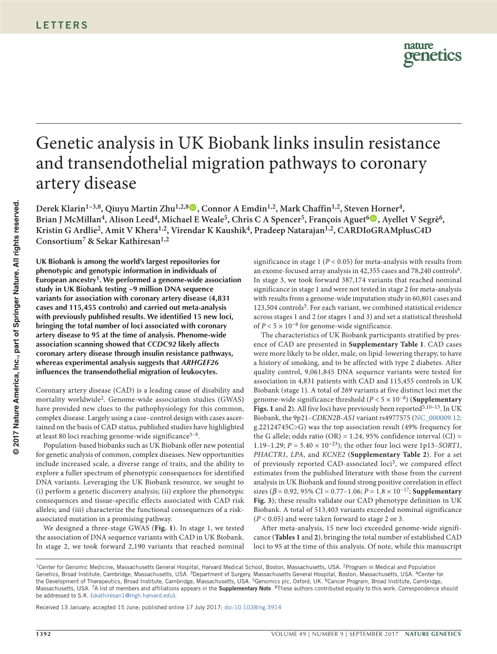 Genetic Analysis in UK Biobank Links Insulin Resistance and Transendothelial Migration Pathways to Coronary Artery Disease