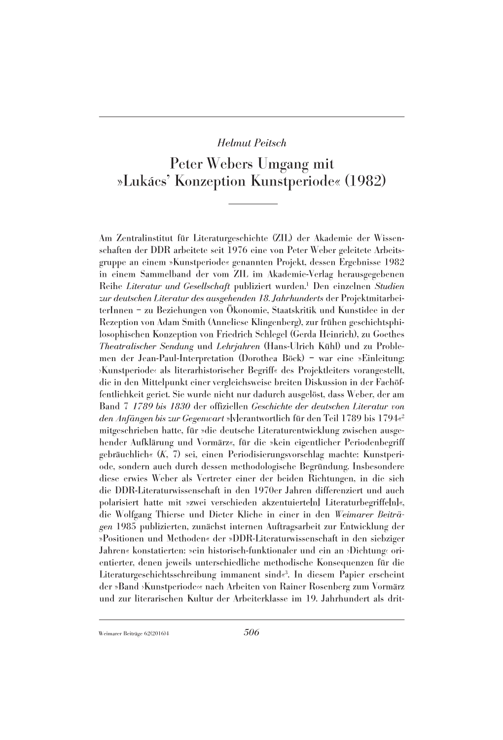 Peter Webers Umgang Mit »Lukács' Konzeption Kunstperiode« (1982)