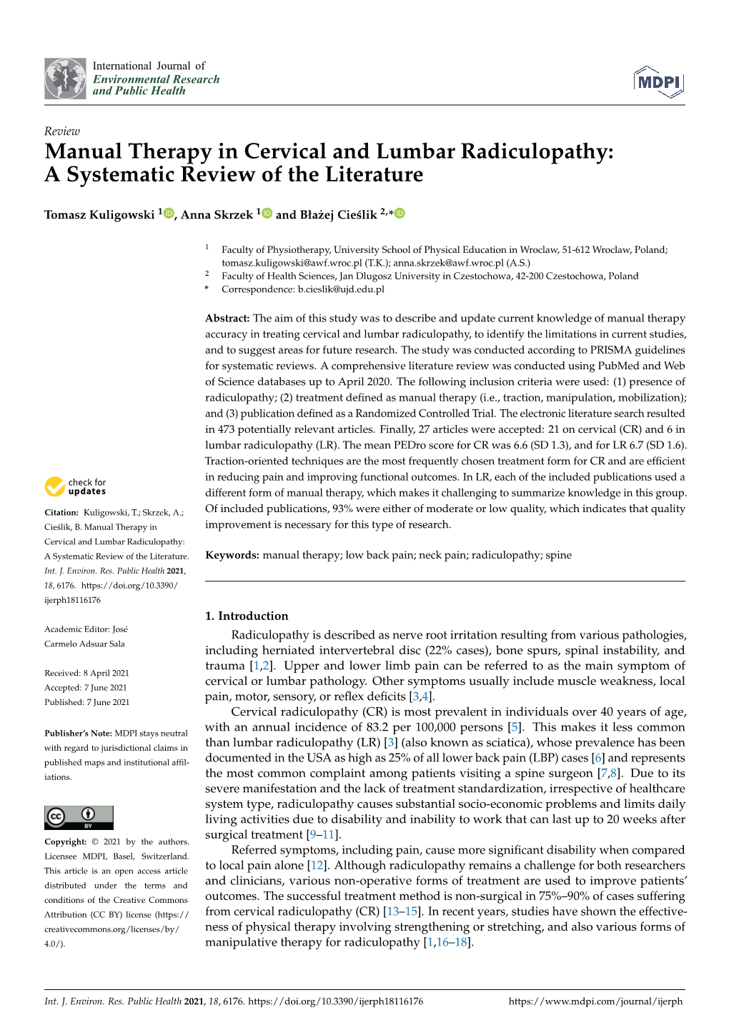 Manual Therapy in Cervical and Lumbar Radiculopathy: a Systematic Review of the Literature