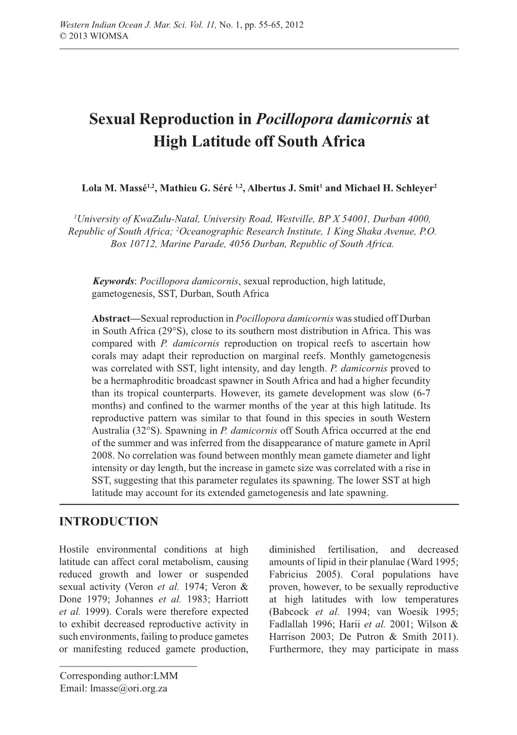 Sexual Reproduction in Pocillopora Damicornis at High Latitude Off South Africa