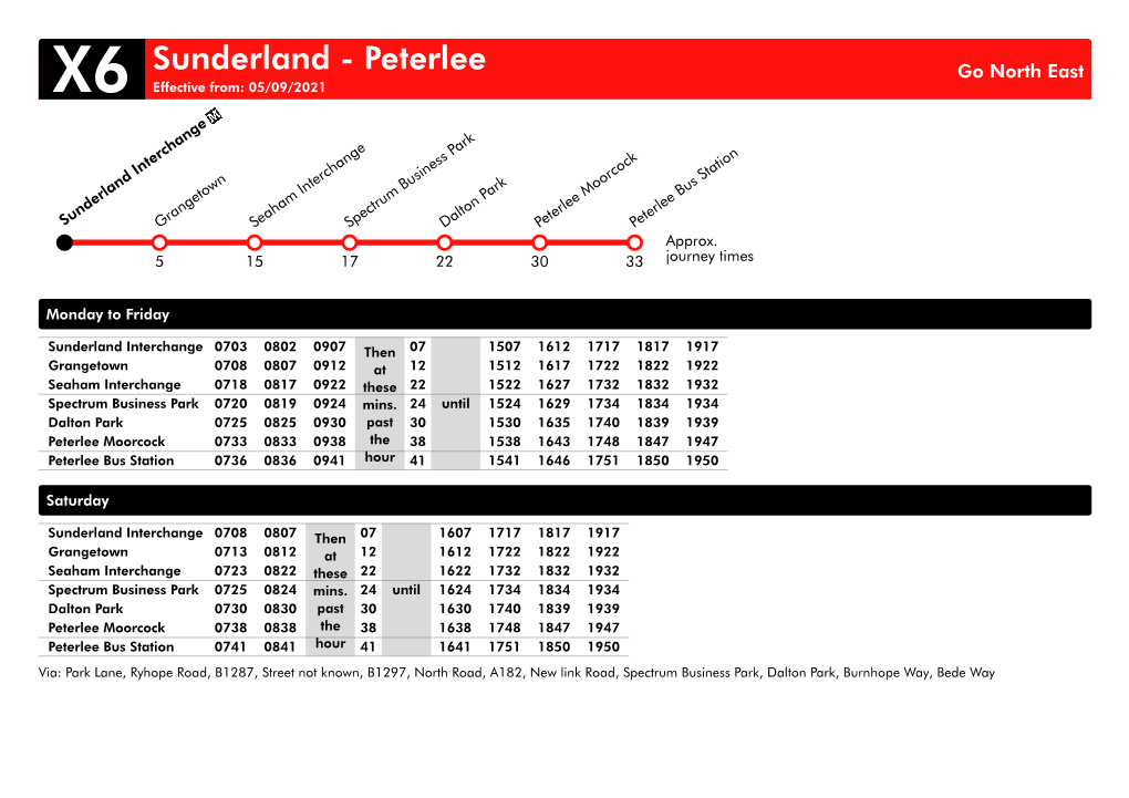 Sunderland - Peterlee Go North East X6 Effective From: 05/09/2021