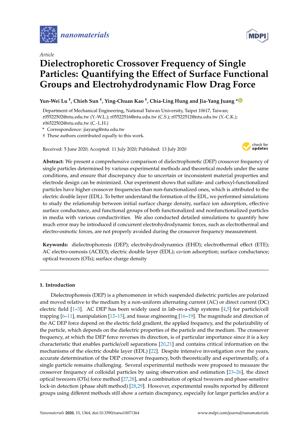 Dielectrophoretic Crossover Frequency of Single Particles: Quantifying the Eﬀect of Surface Functional Groups and Electrohydrodynamic Flow Drag Force