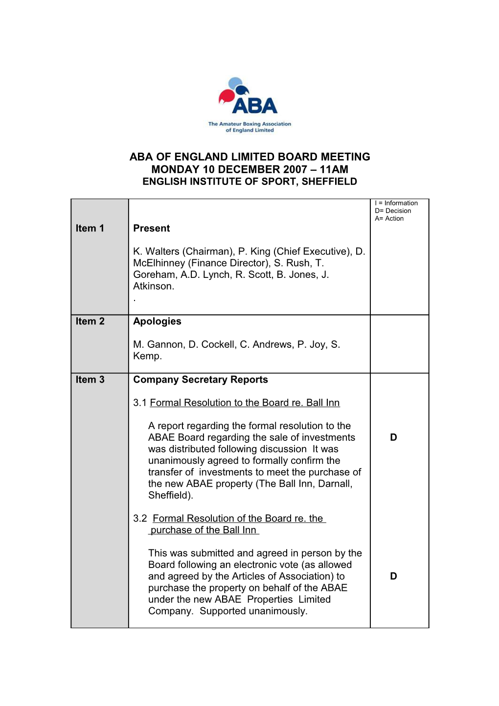 Aba of England Limited Board Meeting