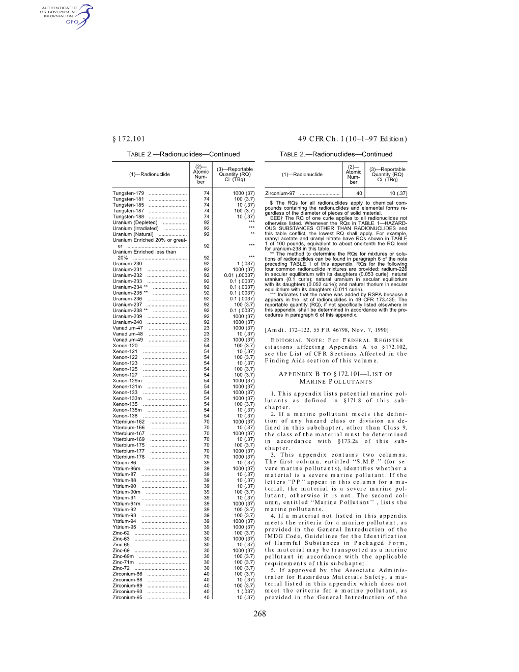 49 CFR Ch. I (10–1–97 Edition) § 172.101