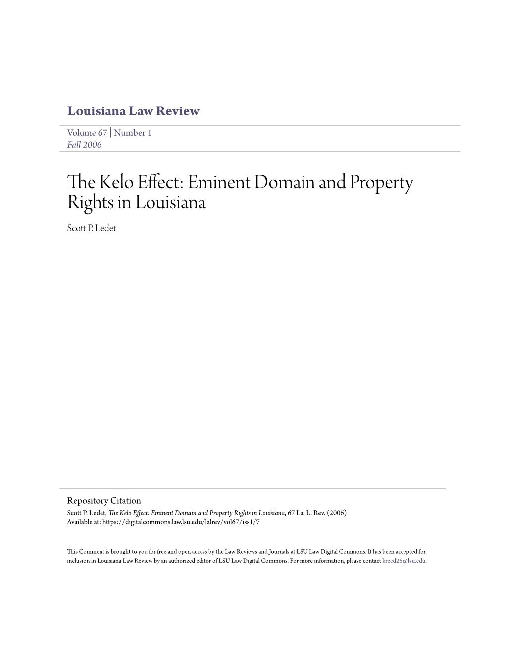 Eminent Domain and Property Rights in Louisiana Scott .P Ledet