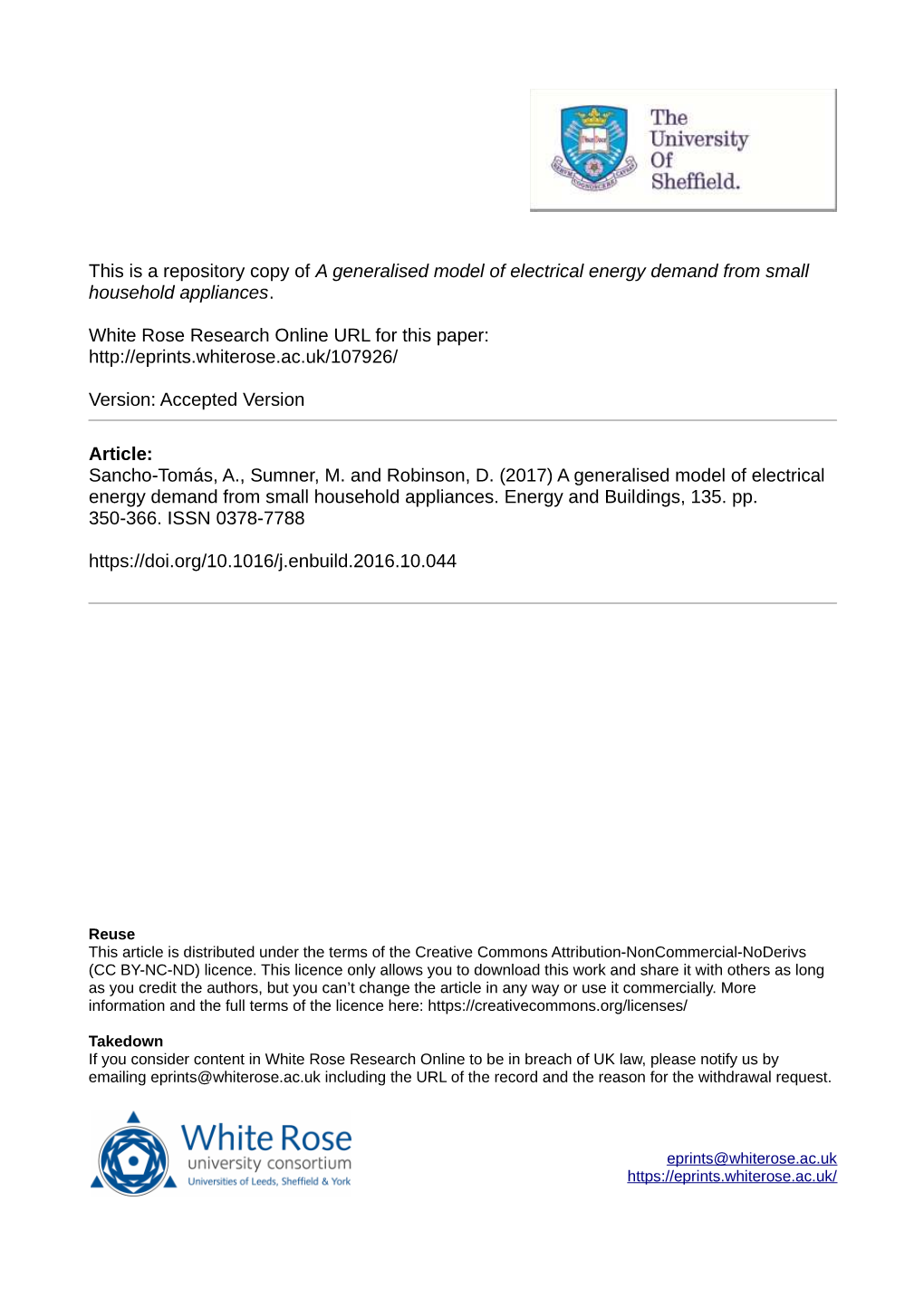 A Generalised Model of Electrical Energy Demand from Small Household Appliances