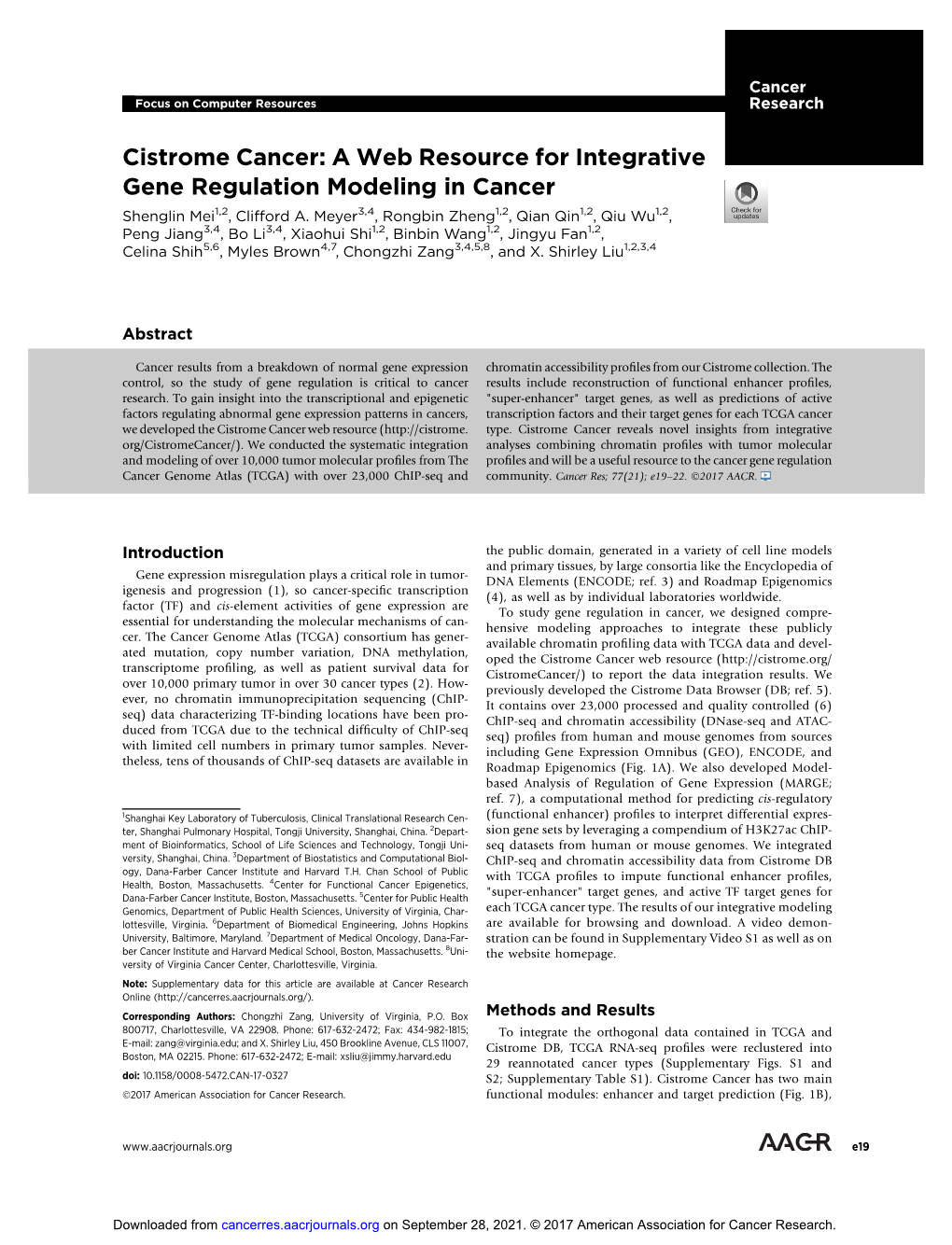 Cistrome Cancer: a Web Resource for Integrative Gene Regulation Modeling in Cancer Shenglin Mei1,2, Clifford A