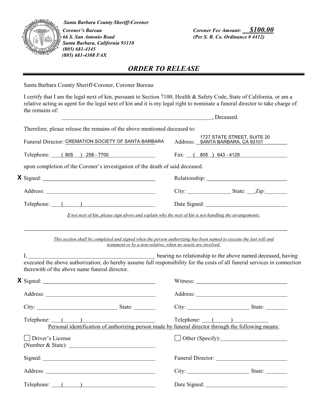 7 Santa Barbara County Coroner Release Form