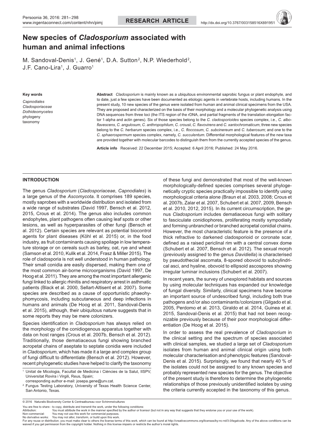 New Species of Cladosporium Associated with Human and Animal Infections