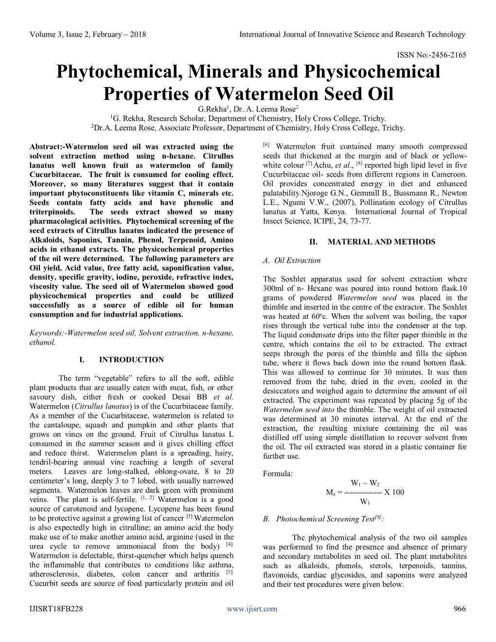 Phytochemical, Minerals and Physicochemical Properties of Watermelon Seed Oil G.Rekha1, Dr