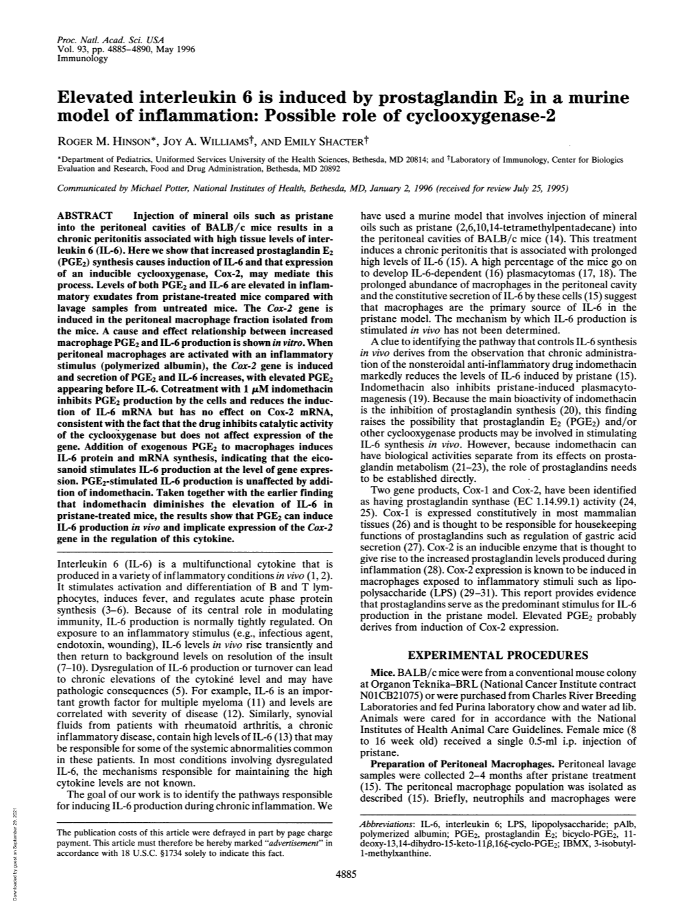 Elevated Interleukin 6 Is Induced by Prostaglandin E2 in a Murine Model of Inflammation: Possible Role of Cyclooxygenase-2 ROGER M