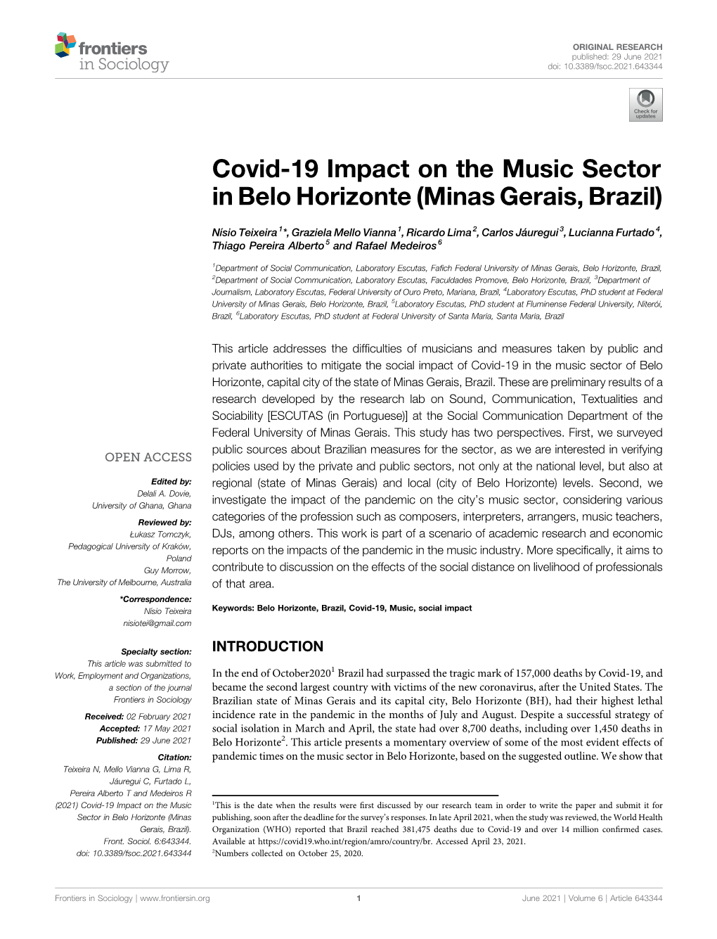 Covid-19 Impact on the Music Sector in Belo Horizonte (Minas Gerais, Brazil)