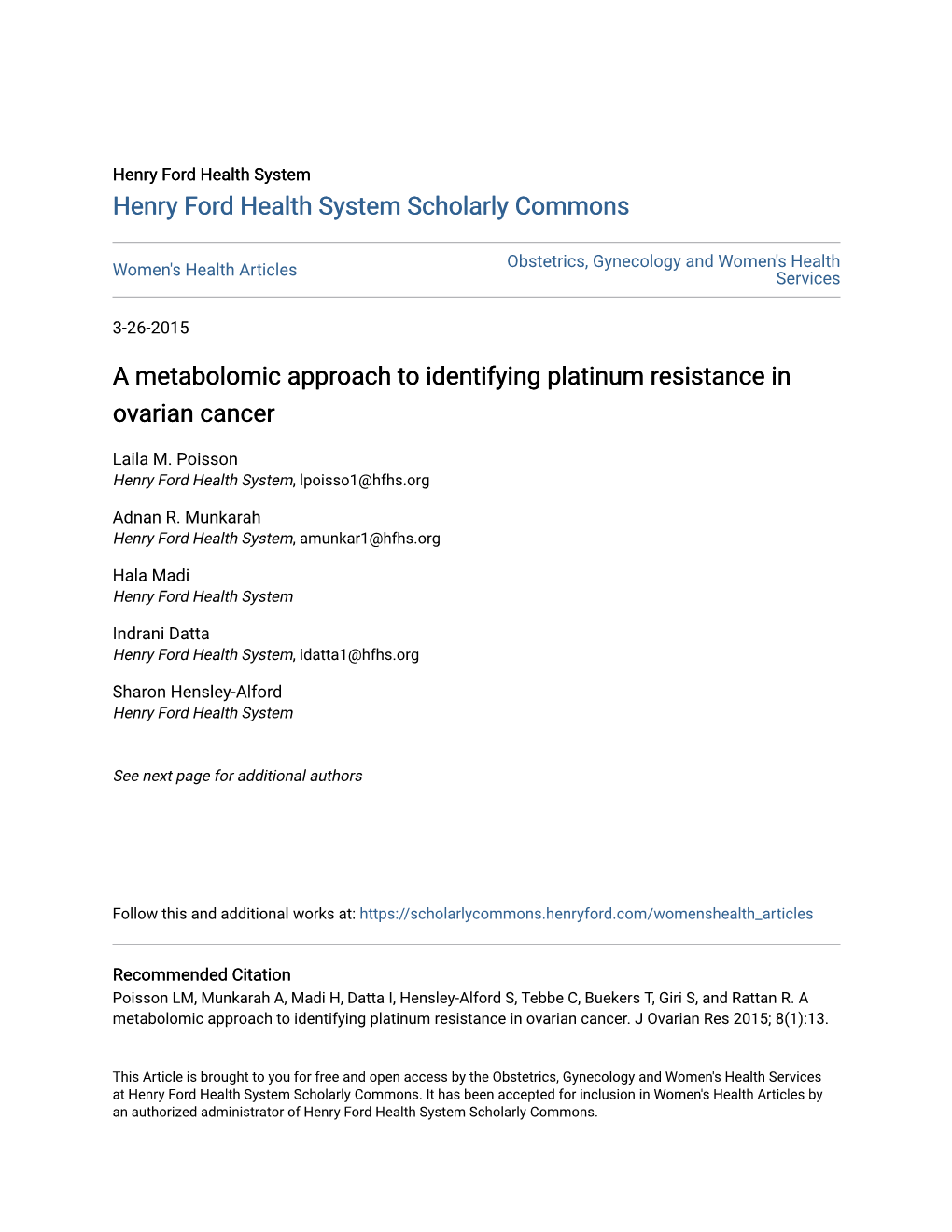 A Metabolomic Approach to Identifying Platinum Resistance in Ovarian Cancer