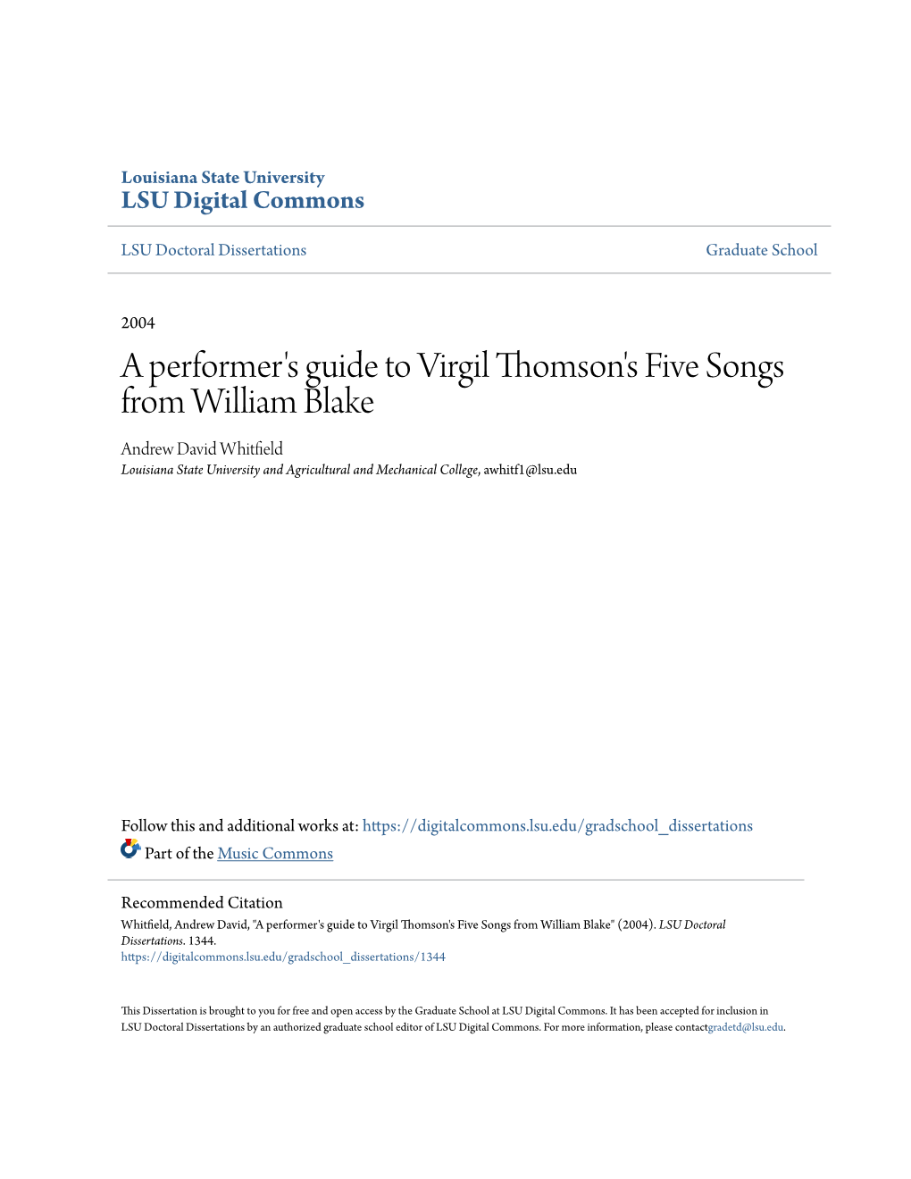 A Performer's Guide to Virgil Thomson's Five Songs from William