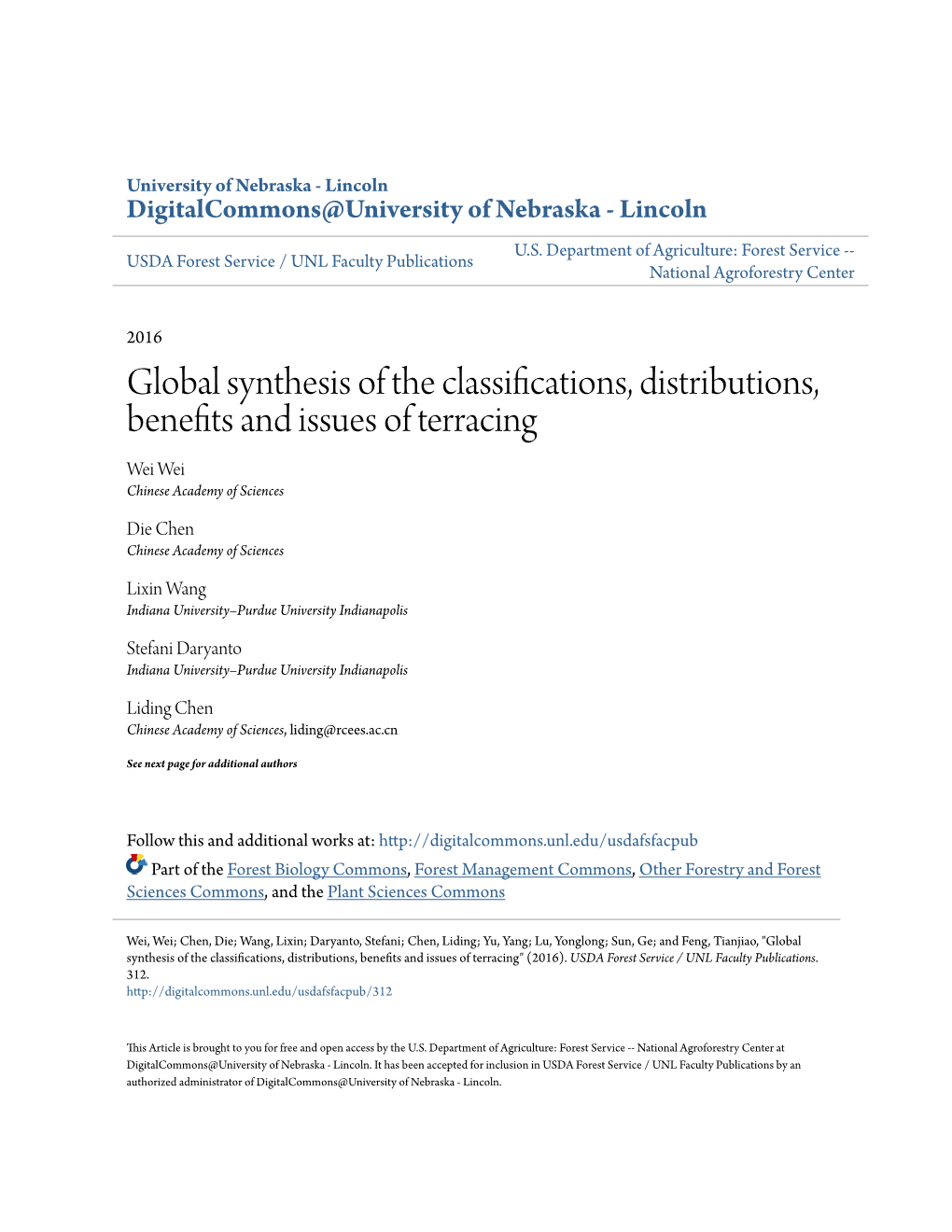 Global Synthesis of the Classifications, Distributions, Benefits and Issues of Terracing Wei Wei Chinese Academy of Sciences