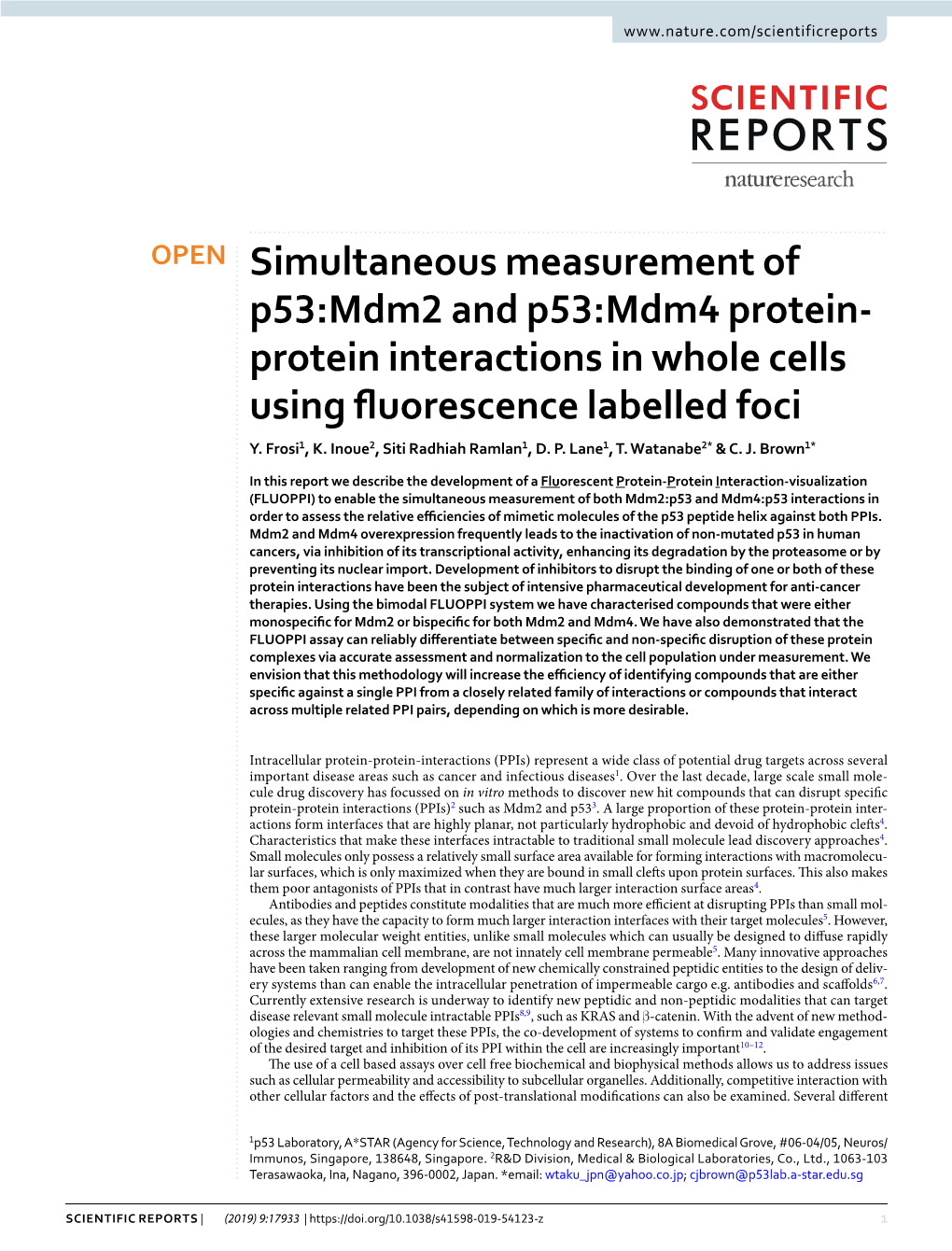 Simultaneous Measurement of P53:Mdm2 and P53:Mdm4 Protein- Protein Interactions in Whole Cells Using Fuorescence Labelled Foci Y