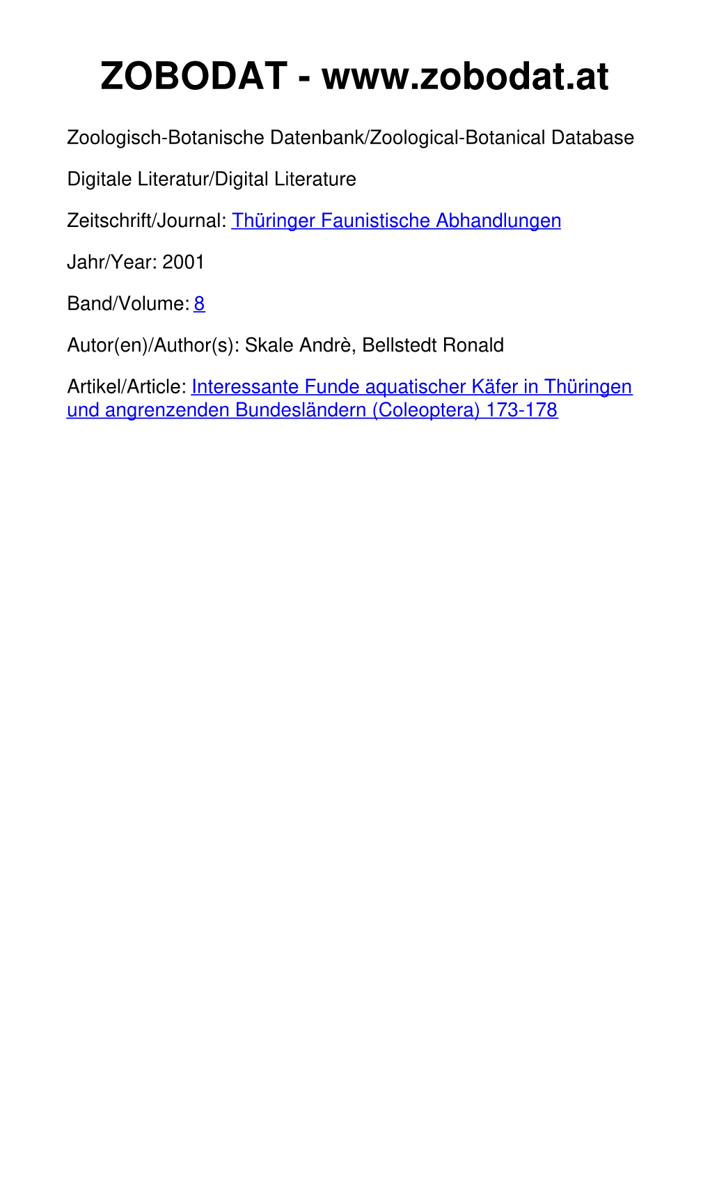 Interessante Funde Aquatischer Käfer in Thüringen Und Angrenzenden Bundesländern (Coleoptera) 173-178 Thüringer Faunistische Abhandlungen VIII 2001 S