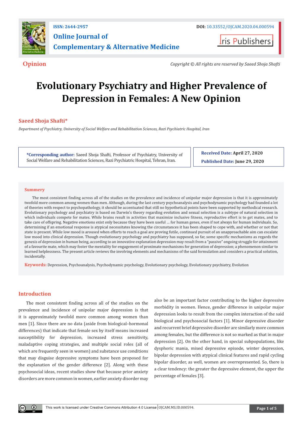 Evolutionary Psychiatry and Higher Prevalence of Depression in Females: a New Opinion