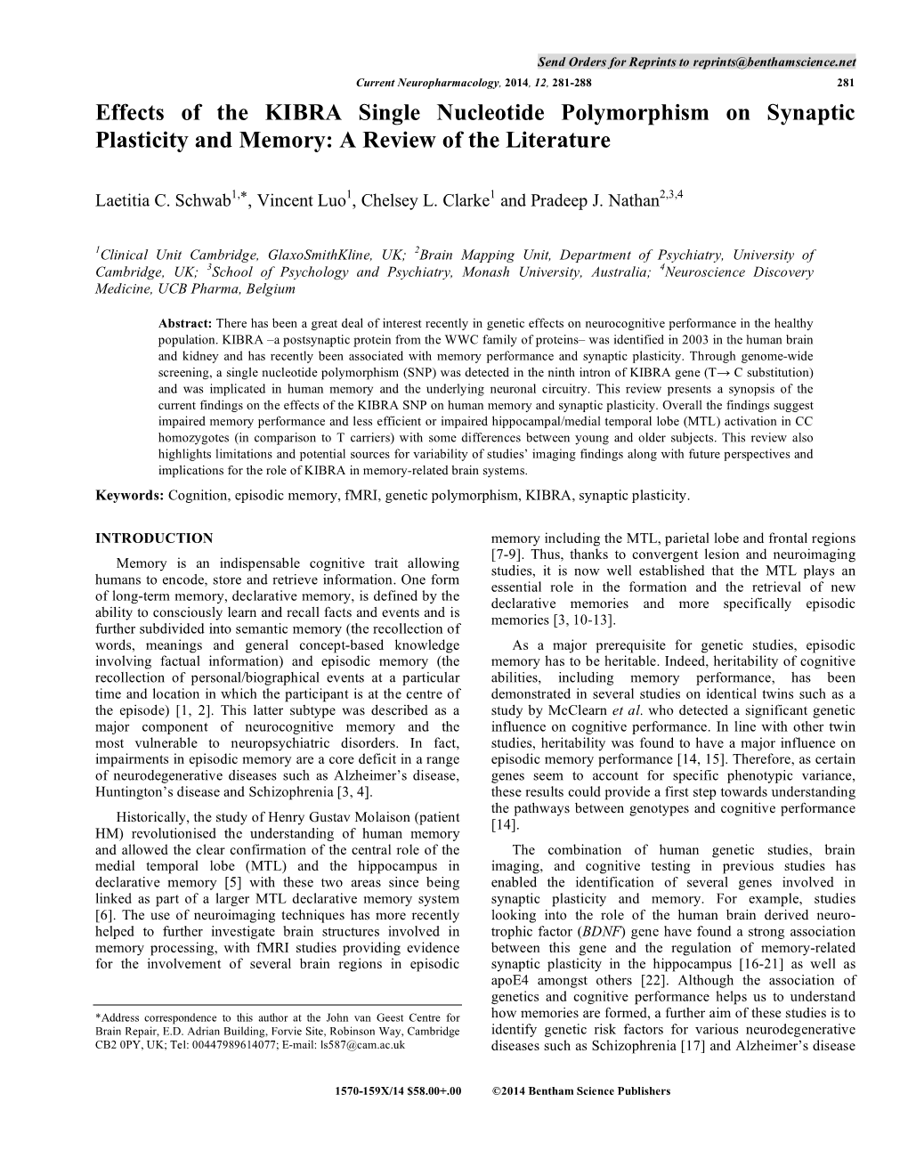 Effects of the KIBRA Single Nucleotide Polymorphism on Synaptic Plasticity and Memory: a Review of the Literature