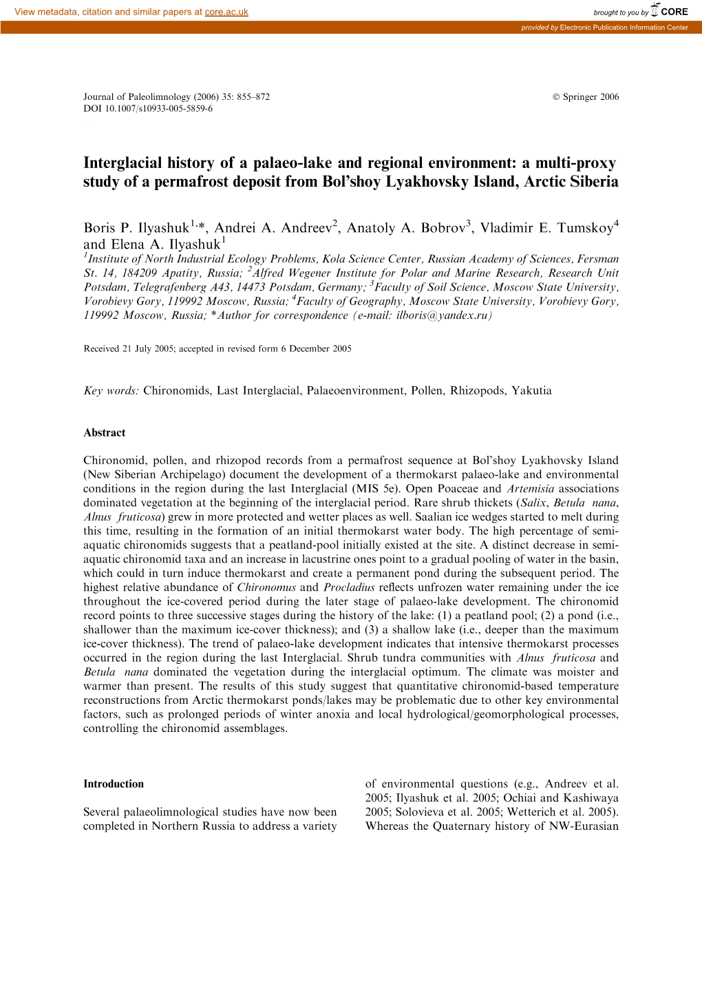 Interglacial History of a Palaeo-Lake and Regional Environment: a Multi-Proxy Study of a Permafrost Deposit from Bol’Shoy Lyakhovsky Island, Arctic Siberia