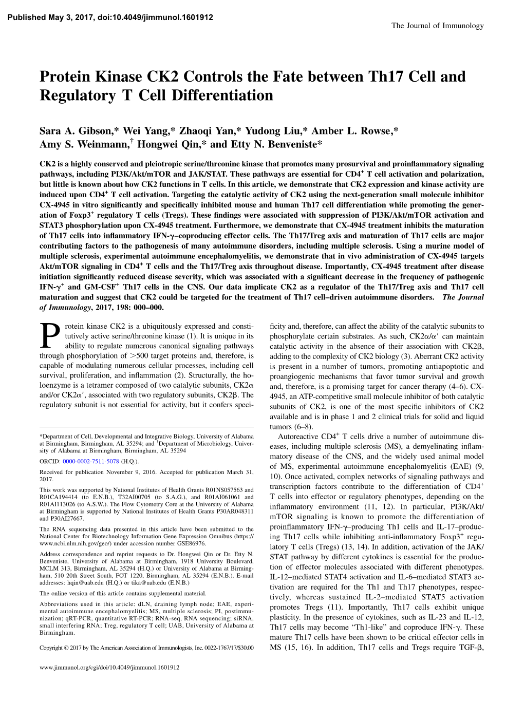 Protein Kinase CK2 Controls the Fate Between Th17 Cell and Regulatory T Cell Differentiation