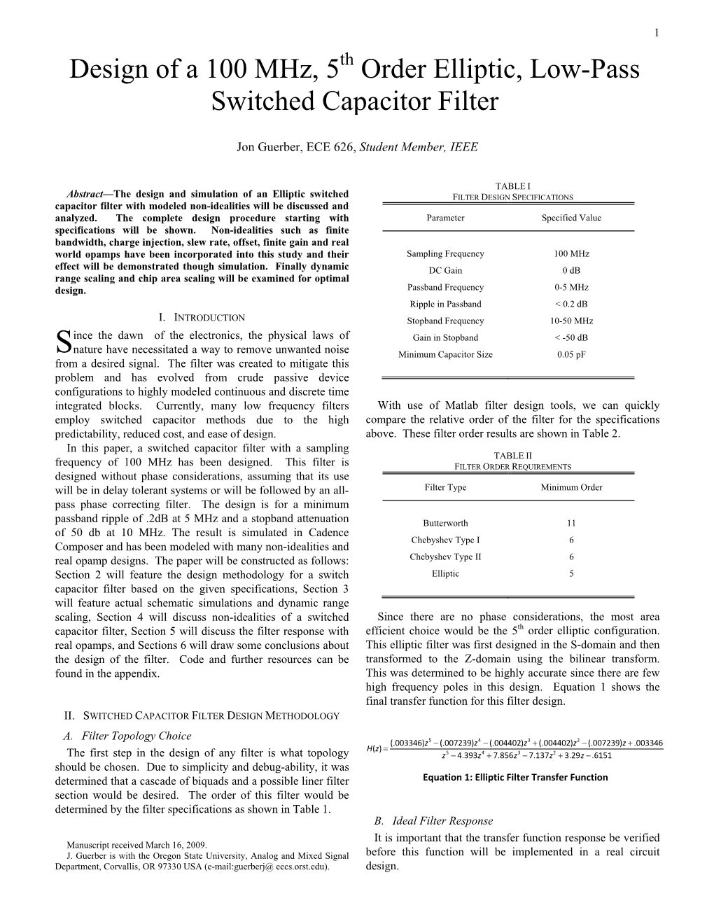 Design of a 100 Mhz, 5 Order Elliptic, Low-Pass Switched Capacitor Filter