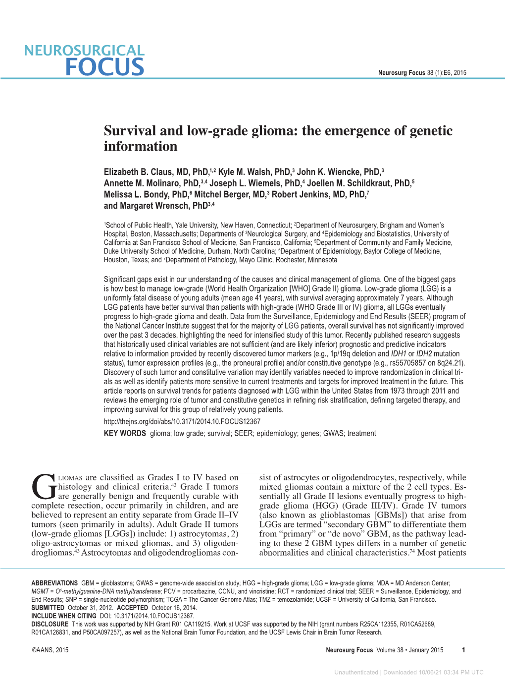 Survival and Low-Grade Glioma: the Emergence of Genetic Information