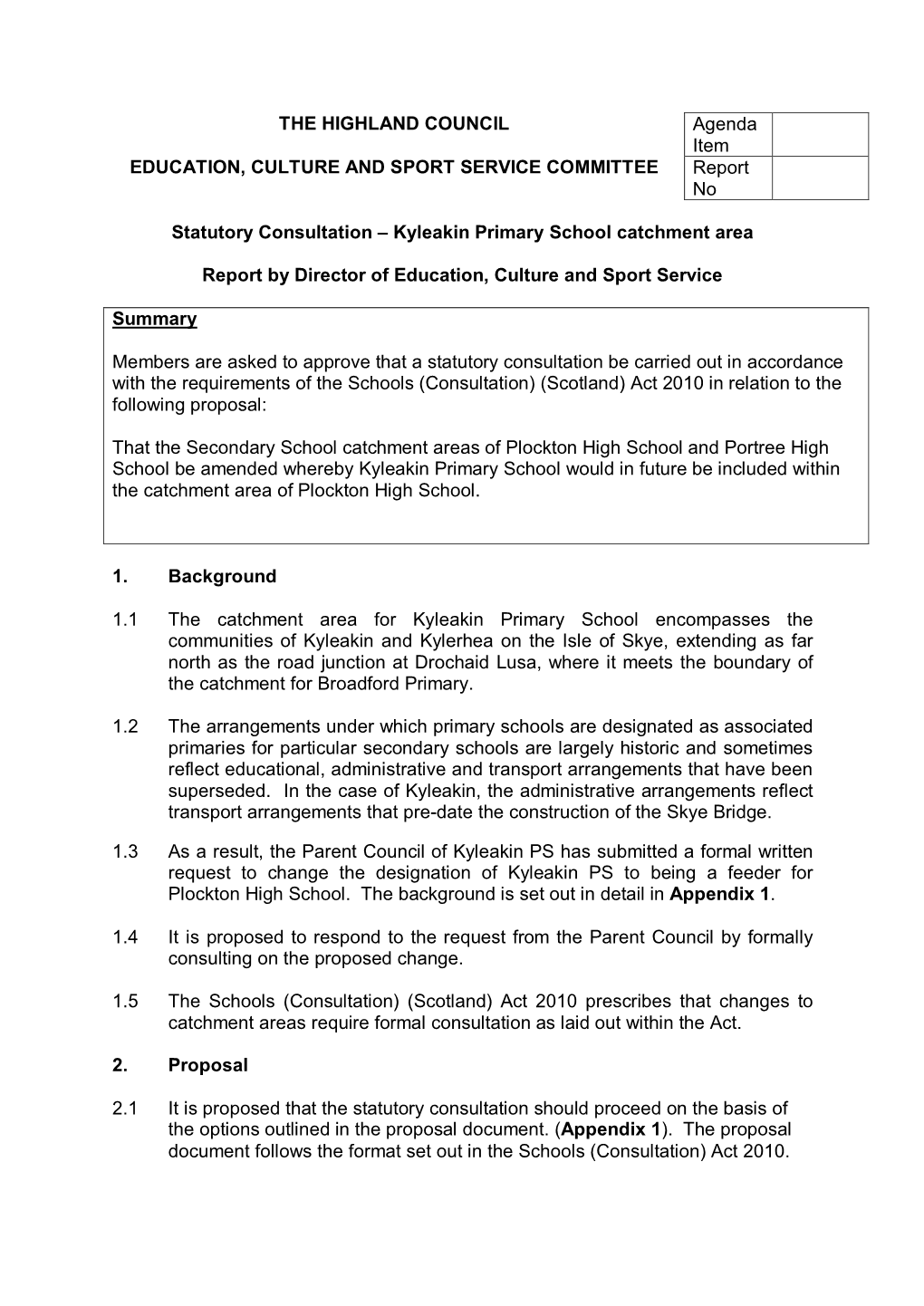 Statutory Consultation – Kyleakin Primary School Catchment Area