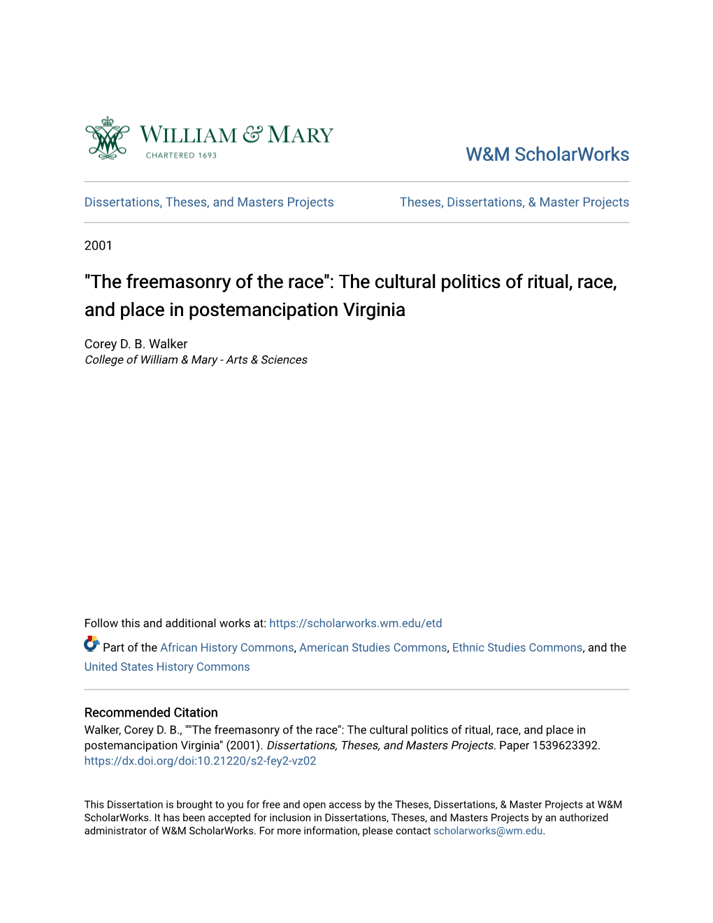 The Freemasonry of the Race": the Cultural Politics of Ritual, Race, and Place in Postemancipation Virginia