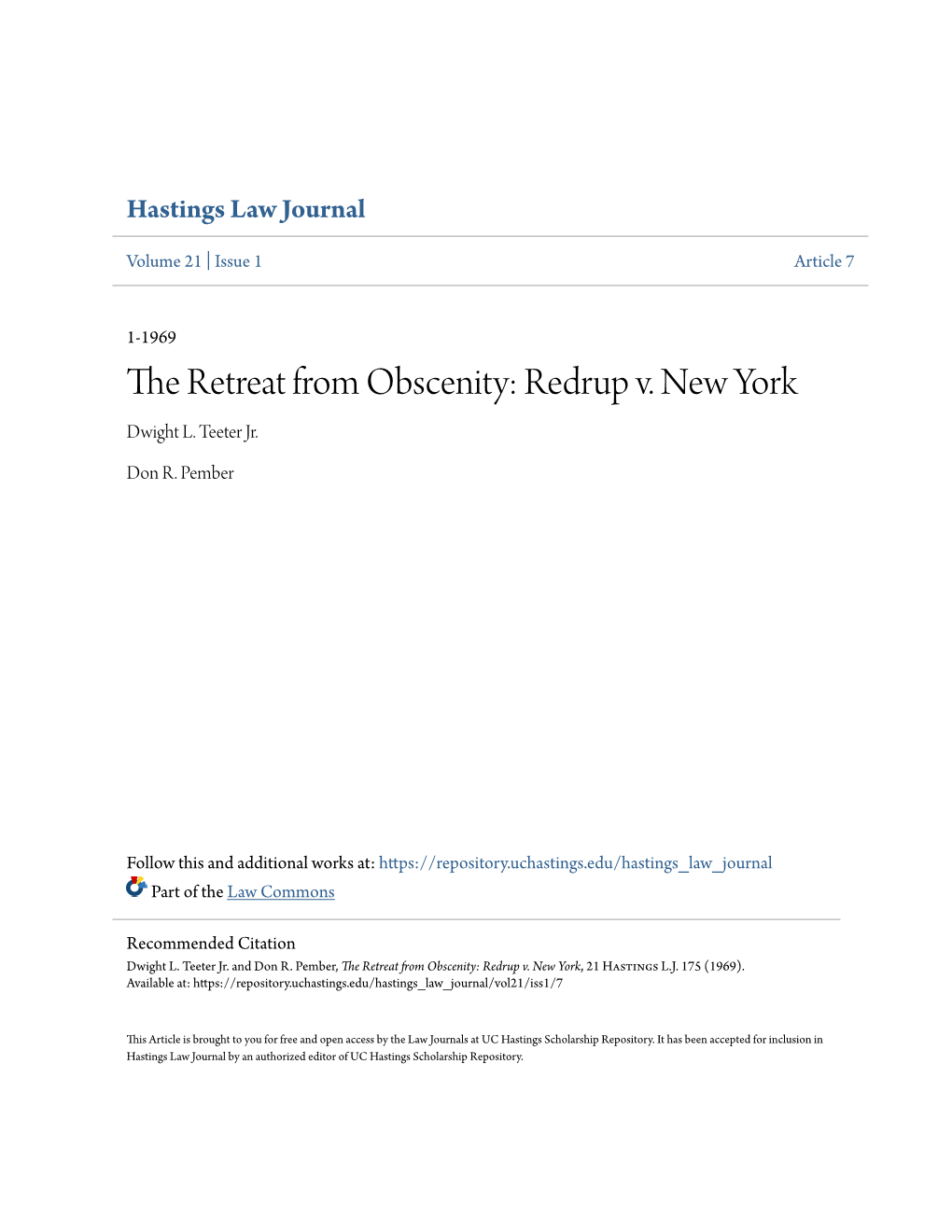 The Retreat from Obscenity: Redrup V. New York Dwight L