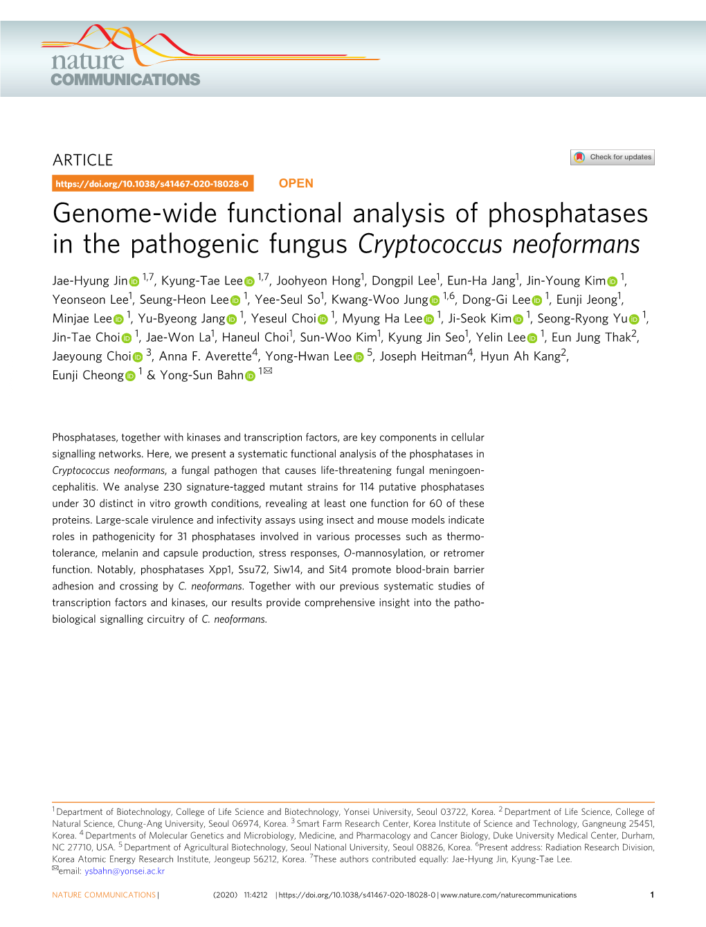 Genome-Wide Functional Analysis of Phosphatases in the Pathogenic Fungus Cryptococcus Neoformans