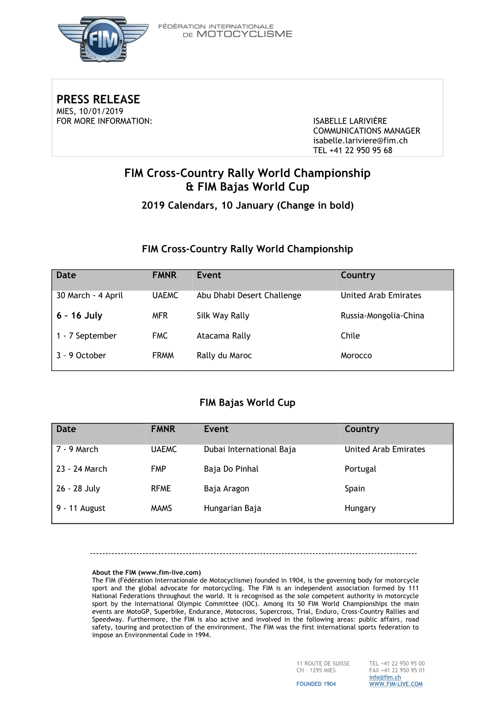 PRESS RELEASE FIM Cross-Country Rally World Championship & FIM