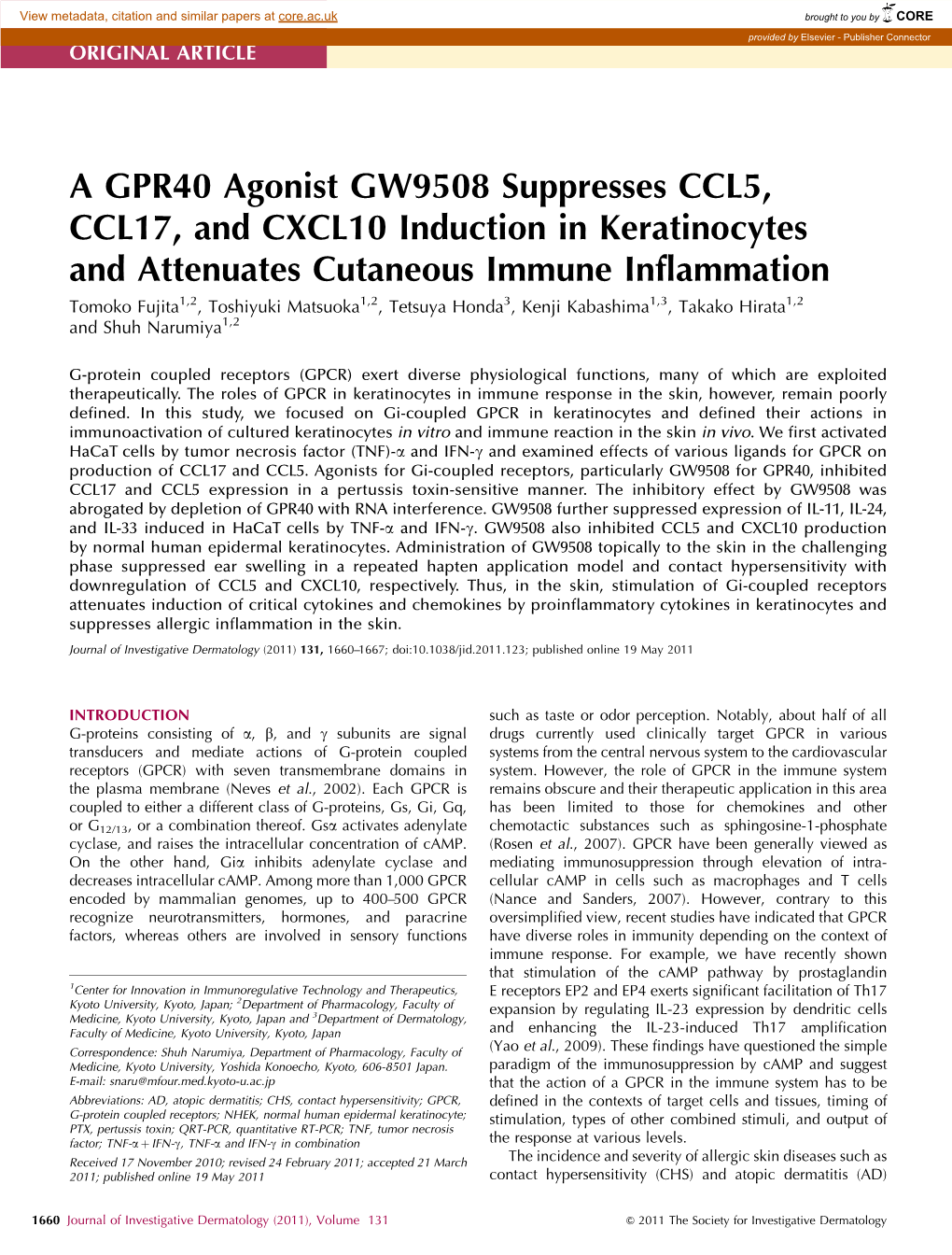 A GPR40 Agonist GW9508 Suppresses CCL5, CCL17, And