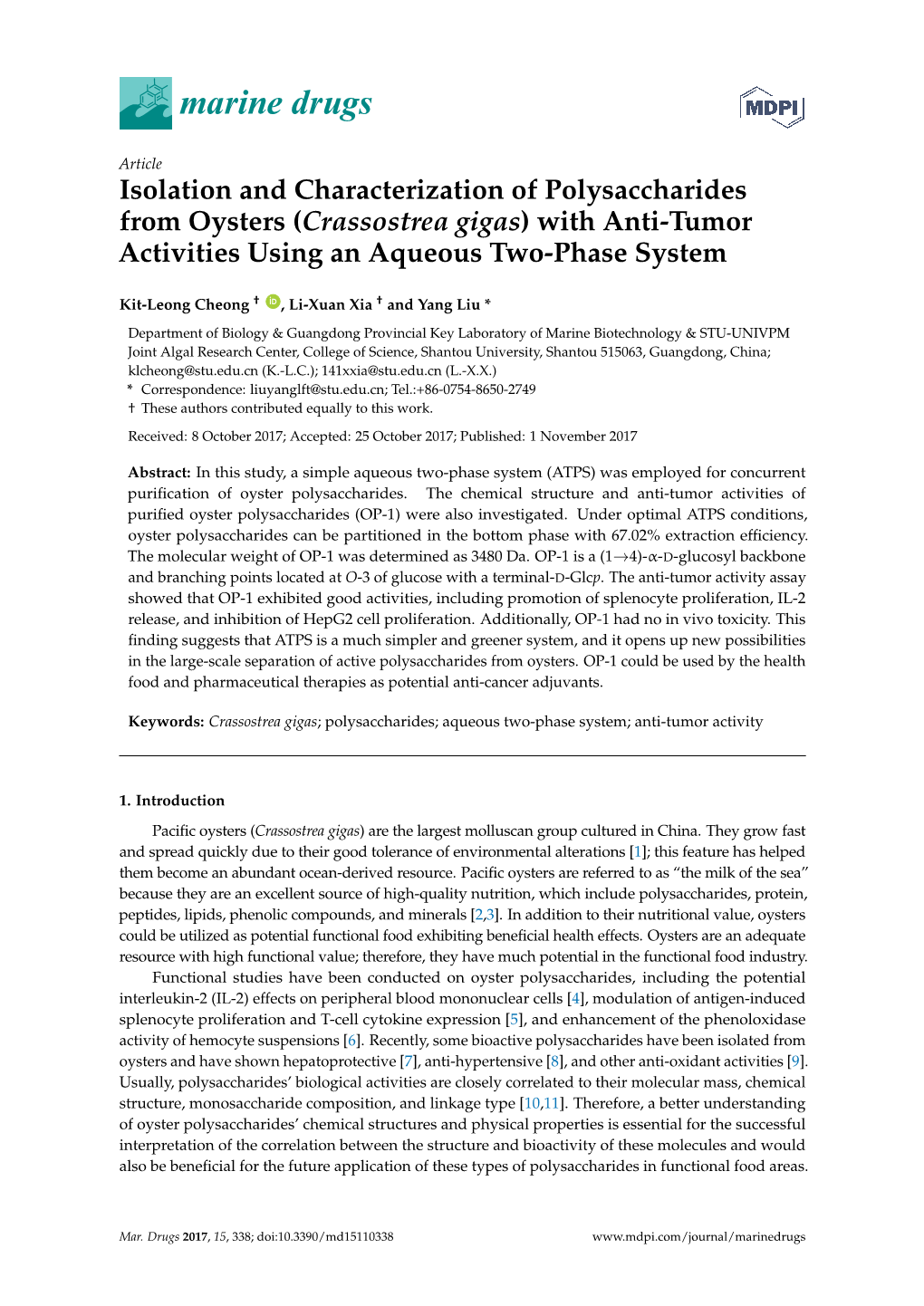 Isolation and Characterization of Polysaccharides from Oysters (Crassostrea Gigas) with Anti-Tumor Activities Using an Aqueous Two-Phase System