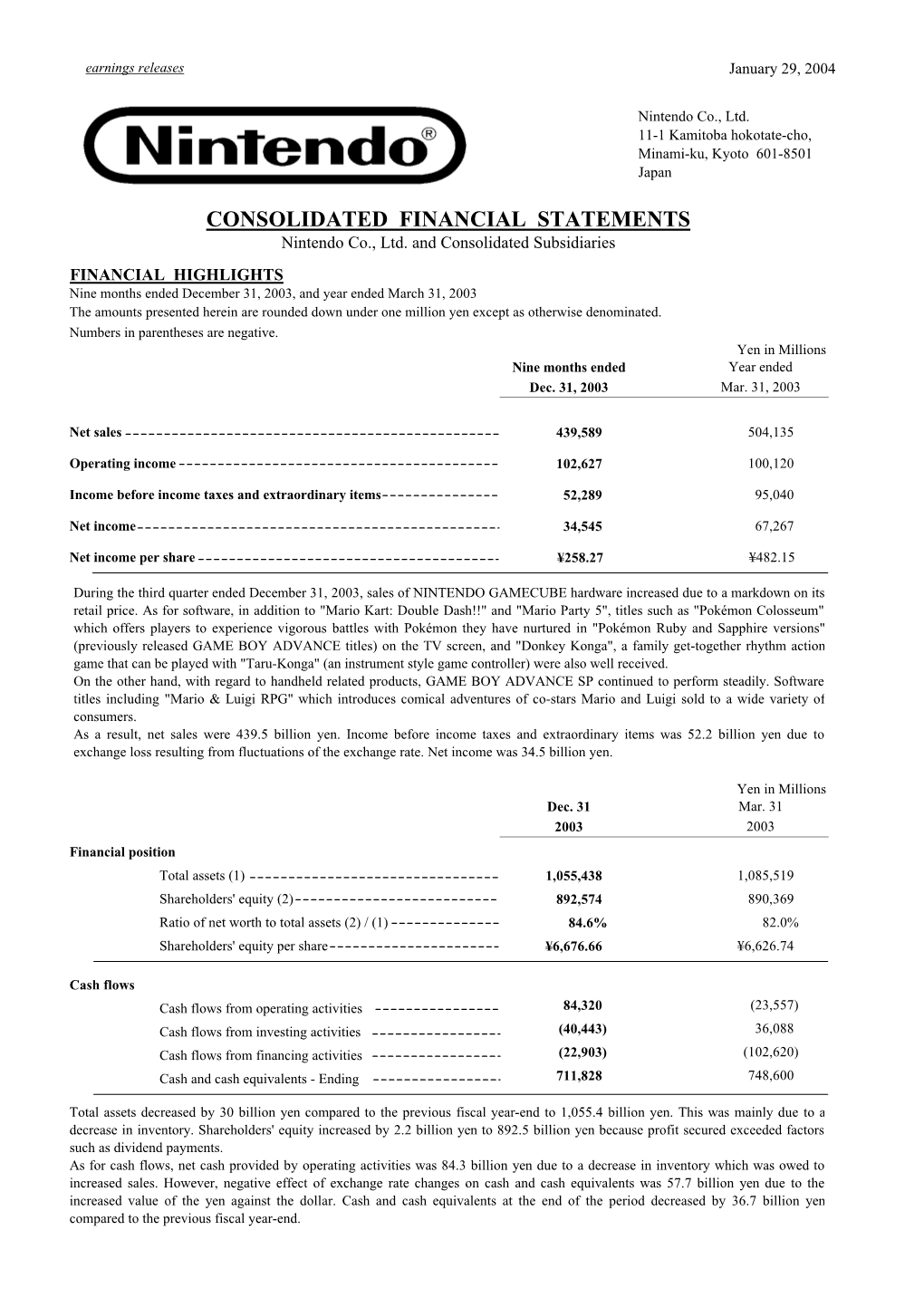 CONSOLIDATED FINANCIAL STATEMENTS Nintendo Co., Ltd